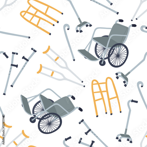 Vector seamless pattern on the theme of health and medical equipment. Background with isolated walking stick, walkers, crutches, wheelchair on white color