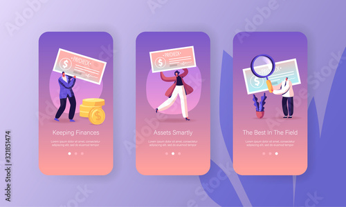 Paycheck Salary and Payroll Mobile App Page Onboard Screen Set. Employees Get Earning with Banking Cheque, Voucher for Getting Money Concept for Website or Web Page, Cartoon Flat Vector Illustration