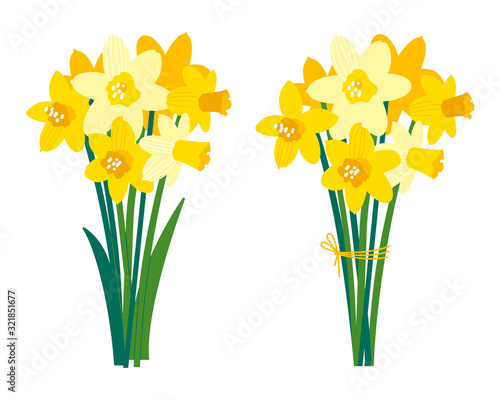 Vector set of floral illustrations isolated on white. Early spring garden flowers. Yellow narcissus. Growing daffodils. Bouquet for bright festive greeting card, poster, banner. Womens Day