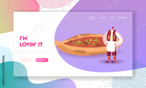 Turkish Food Website Landing Page. Man Wearing Traditional Turkey Costume Stand near Pide or Pita with Meat, Cheese and Greenery. Culinary Tourism Web Page Banner. Cartoon Flat Vector Illustration