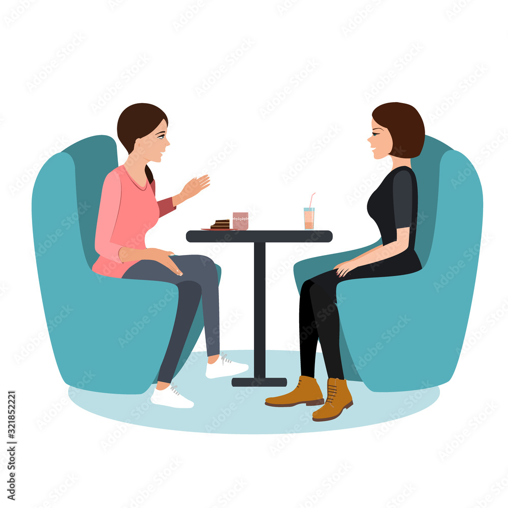 Two young woman chatting in a coffee shop. Best friends meeting, vector illustration Two young woman chatting in a coffee shop. Best friends meeting, vector illustration