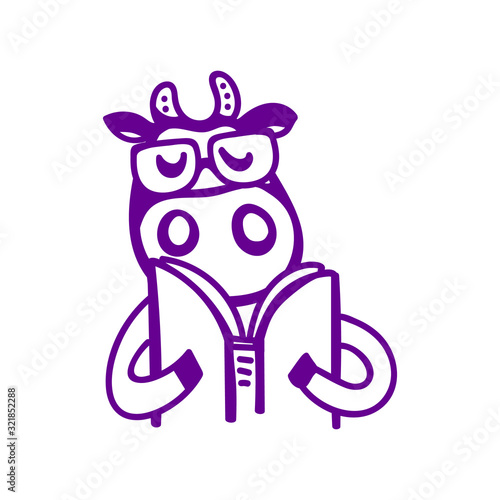 Vector illustration, line cartoon cow wearing glasses, reading book. Hand drawn, violet outline, isolated. "Fresh milk" lettering. Applicable for package, poster, label designs, banners, flyers etc.