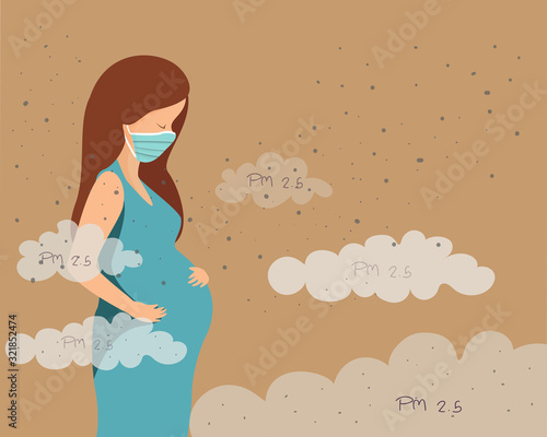 Pregnant Woman wearing dust mask protective to avoid pm 2.5 vector Air pollution vector concept
