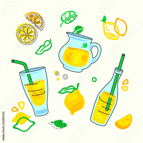 Homemade Lemonade Drink Print with Different Design Elements in Doodle Style, Bottle with Juice and Straw, Glass Carafe, Lemon Fruits Slices on White Background. Creative Ornament Vector Illustration