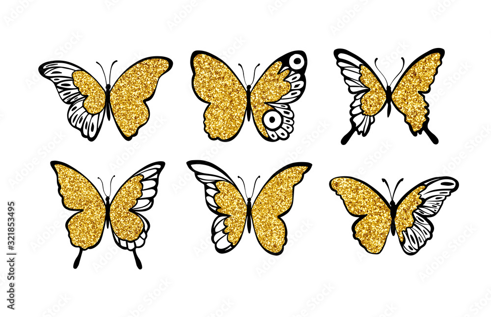 Set glitter butterflies. Beautiful spring, summer golden sequins silhouettes. Icons different shapes wings, for fashion, ornaments, tattoo and wedding design Set glitter butterflies. Beautiful spring, summer golden sequins silhouettes. Icons different shapes wings, for fashion, ornaments, tattoo and wedding design