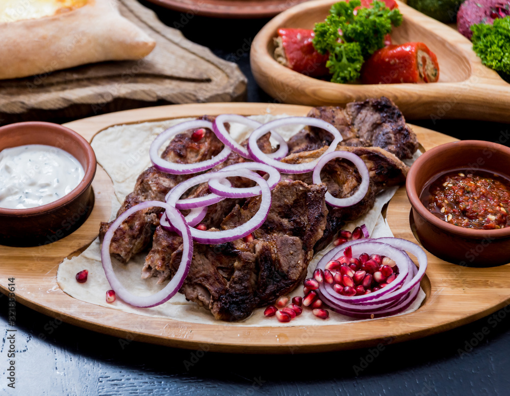 Georgian cuisine food set. Georgian restaurant. Restaurant background. Georgian cuisine food set. Georgian restaurant. Restaurant background.