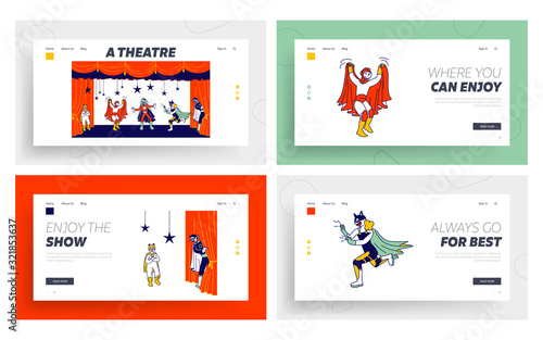 School or Talent Show Performance on Stage Website Landing Page Set. Kids Showing their Artistic Talents on Theater Scene with Decoration and Backstage Web Page Banner Cartoon Flat Vector Illustration