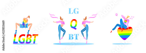 Vector colorful illustration, trendy gay men on heels set with a rainbow heart. Flat cartoon style, isolated. Applicable for LGBT (LGBTQ), transgender rights concepts etc.