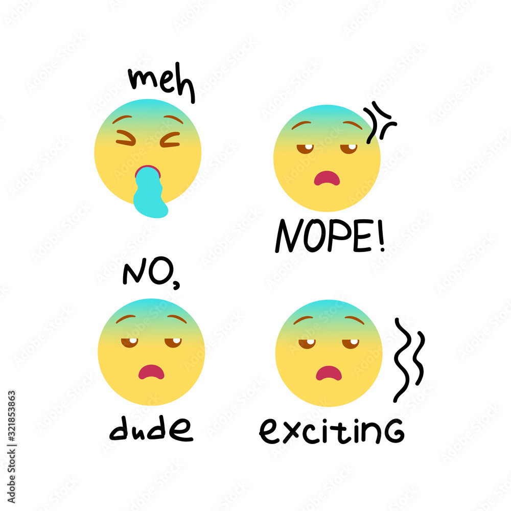 Vector illustration, yellow, blue emoji set with hand drawn black marker doodle details as “no, dude”, “nope”, “exciting”, Vector illustration, yellow, blue emoji set with hand drawn black marker doodle details as “no, dude”, “nope”, “exciting”,