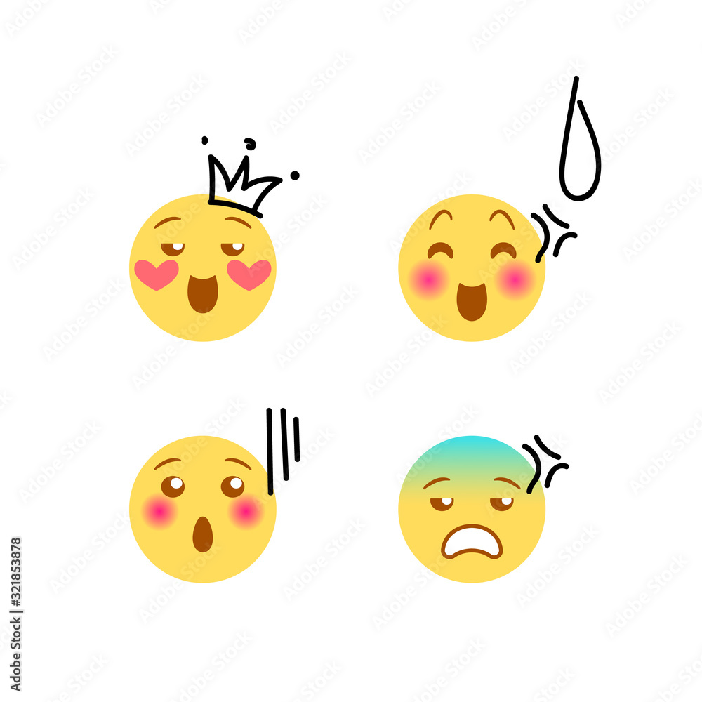 Obraz premium Ilustracja wektorowa, żółty zestaw emoji z ręcznie rysowane czarny marker doodle szczegóły, jak pot, korona. Wysoka jakość, izolowana. Dotyczy wszystkich projektów, w tym banerów, ulotek, interfejsu internetowego.