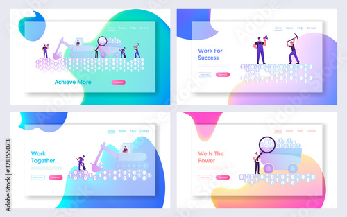 Data Mining, Informational Resource Research Website Landing Page Set. Workers Digging Binary Code with Spade, Pickaxe and Excavator, Datum Extraction Web Page Banner. Cartoon Flat Vector Illustration