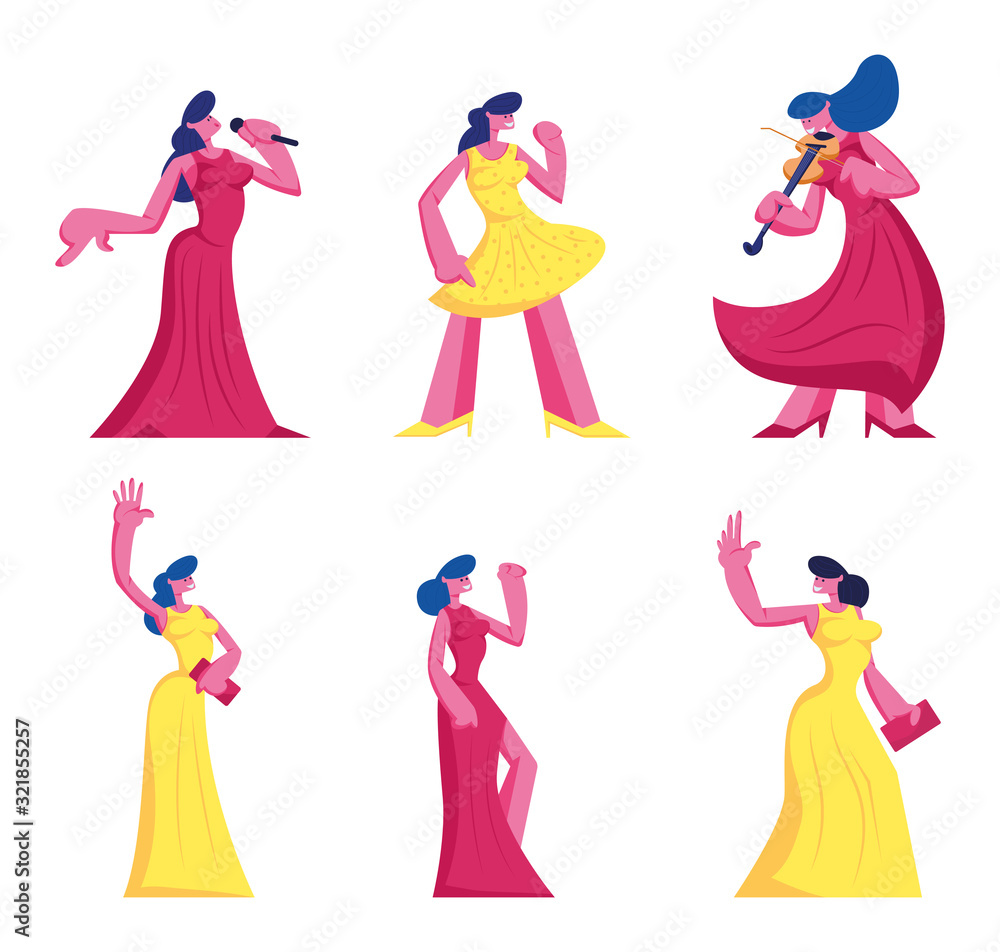 Set of Young Women in Beautiful Dresses Isolated on White Background. Female Character Perform on Stage with Microphone, Playing on Violin, Visiting Event Cartoon Flat Vector Illustration, Clip Art