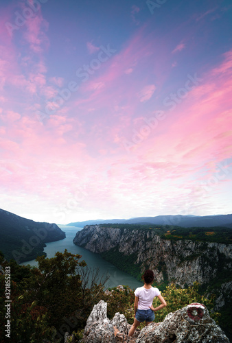 The iron gate of the Donau/danube river forms the natural border between Serbia and Romania. The Serbian side is the Djerdap national park (Djerdapska klisura). This is the smallest point of the river photo