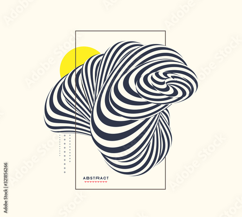 Cover design template. Abstract black and white striped figure. 3d geometric design. Optical art. Vector illustration with distortion effect. .