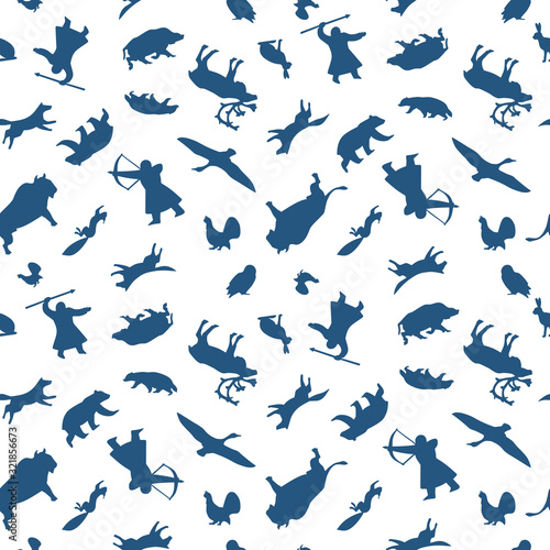 Seamless pattern of wild animals and northern hunters.