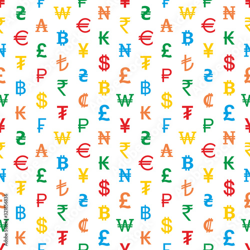 Seamless background from colored currency symbols of different countries.