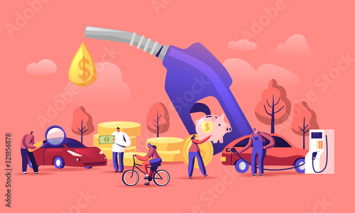 Petrol Economy Concept. Car Refueling on Fuel Station. Man Pumping Gasoline Oil. Service Filling Gas or Biodiesel Into Tank. Automotive Industry or Transportation Cartoon Flat Vector Illustration