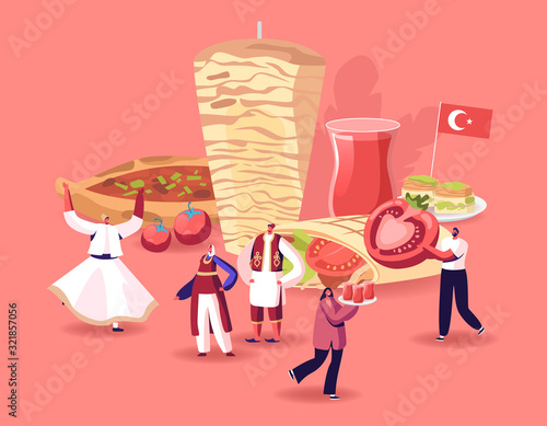 Traditional Turkish Cuisine Concept. People in National Costumes and Tourists Walk around of Huge Shawarma, Sweets, Drinks and Pita with Different Stuffing Meat Cheese Cartoon Flat Vector Illustration