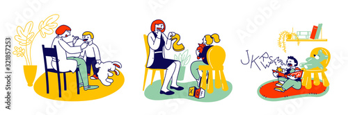 Friendly Woman Logopedist Articulating with Children during Logopedic Treatment Session and Speech Therapy. Baby Learn to Speak Correctly, Problems with Dyslexia Cartoon Flat Vector Illustration