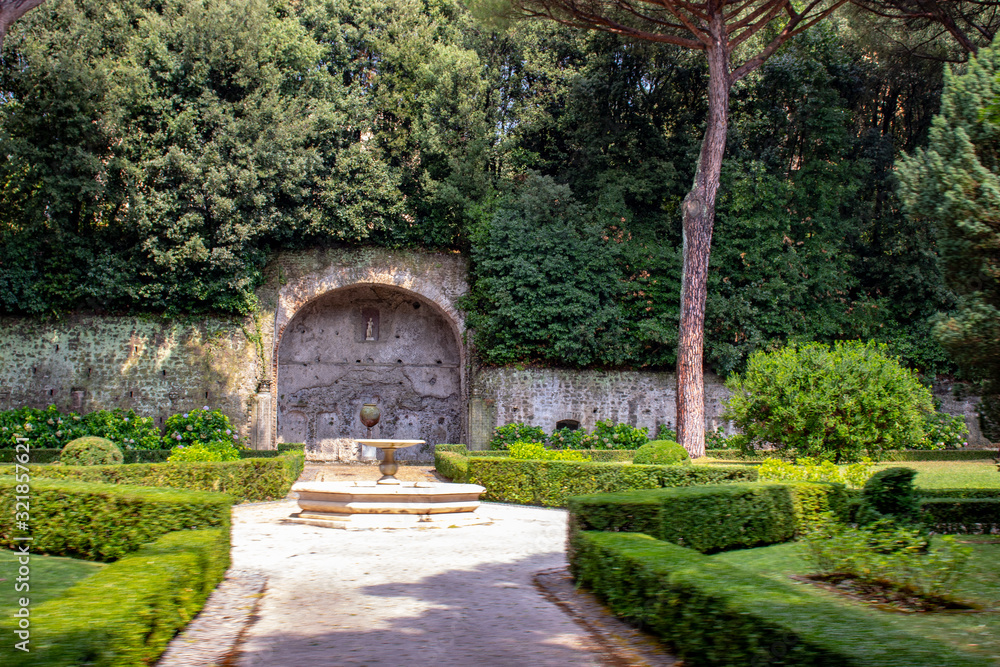 Rome 8 March 2020. The Vatican gardens of the papal residence, well-kept fountains and trees.