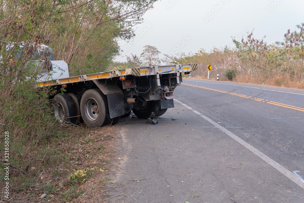 Truck accident on highway road, crashed truck