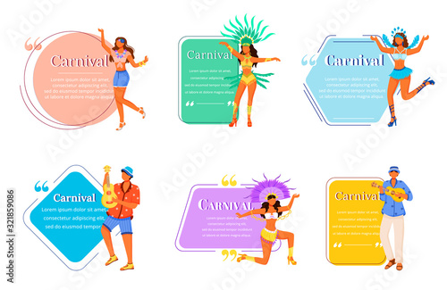 Carnival flat color vector characters quotes set. Masquerade costumes. Traditional music. Samba. Brazilian festival. Citation blank frame templates. Speech bubbles. Quotation empty text box design