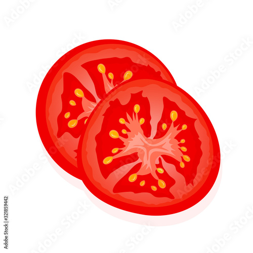 Slice of red tomato isolated on white. Two slices of ripe juicy tomato. Vector Illustration.