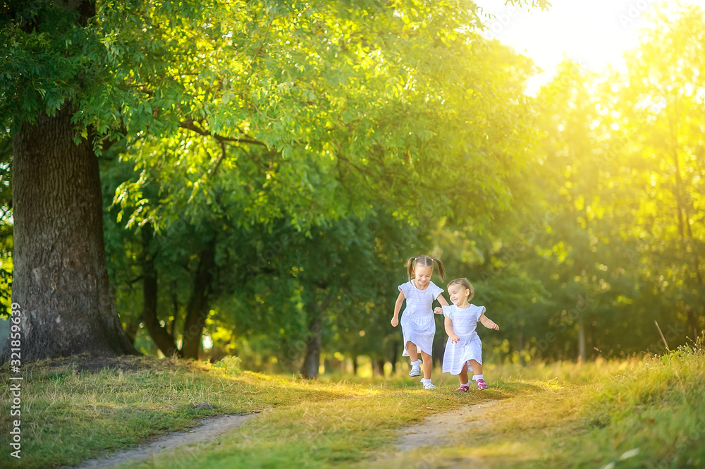 Cute children are walking in the park at sunset. Girls run along the path and have fun. Children play and have fun outdoors. Cute children are walking in the park at sunset. Girls run along the path and have fun. Children play and have fun outdoors.