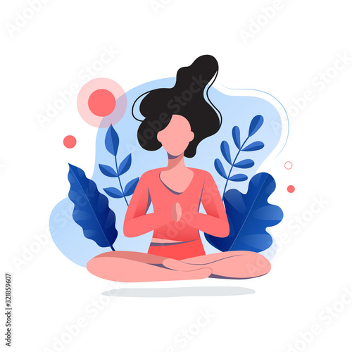 Young woman doing yoga exercise. Women doing yoga breathing exercise illustration in vector. Healthy lifestyle theme. Flat vector illustration