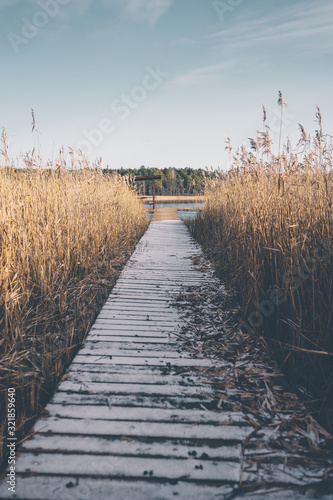 Steg auf einem See im Winter in Polen