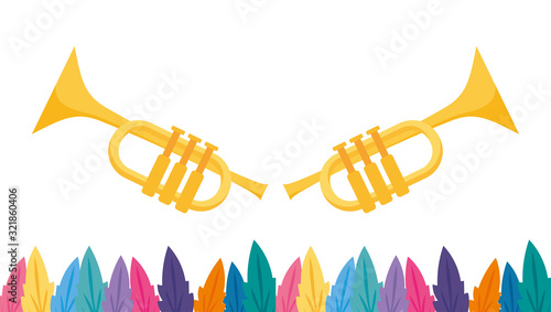 Isolated mardi gras trumpets and feathers vector design