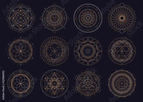 Vector set of sacred geometric figures, dreamcatcher and mystic symbols, golden abstract signs photo