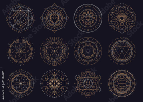 Vector set of sacred geometric figures, dreamcatcher and mystic symbols, golden abstract signs