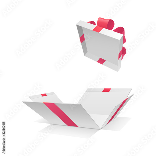 The vector illustration of a surprising white gift box is just on a white background.