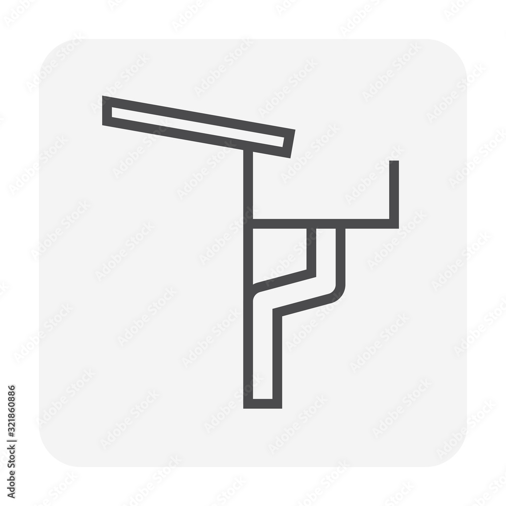 Box or square style gutter vector icon. Also call rain gutter or eavestrough. Include roof, downpipe or downspout and pipeline for water drainage system to protect building from rainwater falling. Box or square style gutter vector icon. Also call rain gutter or eavestrough. Include roof, downpipe or downspout and pipeline for water drainage system to protect building from rainwater falling.