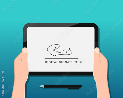 Digital signature concept with hands holding device