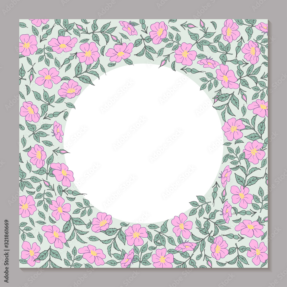 Floral square template for greeting card. Cover for social media posts, mobile apps, banners design and web internet. Pink flower rose hip and leaf in circle frame hand drawing. Vector illustration