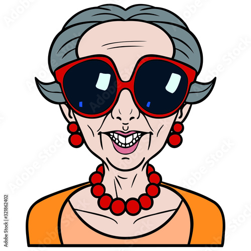 Vector drawing of an old woman with big sunglasses who laughs and shows her teeth. orange sweater, red chain and red earrings. gray hair, short hair, illustration, comic, funny.