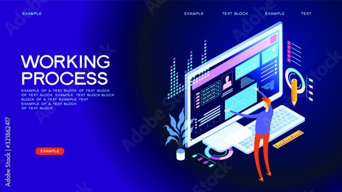WORKING PROCESS concept. business man with desktop computer vector illustration design. 3d isometric vector illustration.