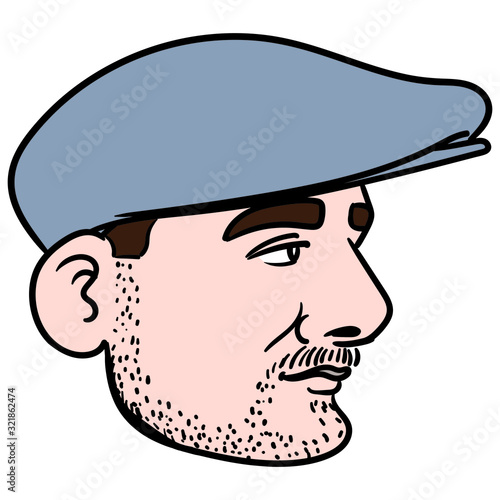 Head of a man from the side in profile with a gray cap. sad, serious look, three days beard, comic, avatar.