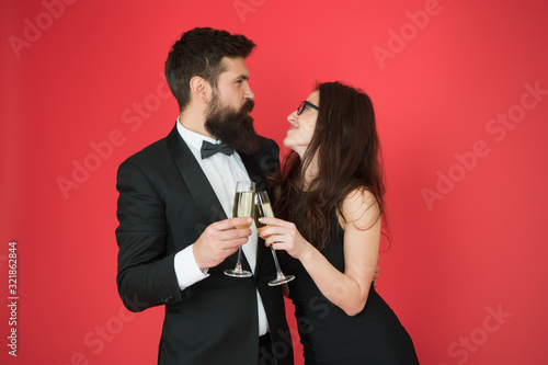 Happy marriage anniversary. Family celebrate Valentines day. Romantic relationship. Love concept. Celebrating their love. Occasion to celebrate. Couple in love drink sparkling wine. Spouse hold glass