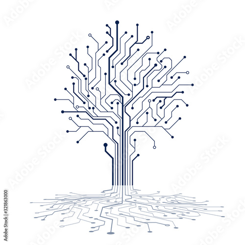 Circuit tree silhouette. Technology background design. Computer engineering hardware system. Vector