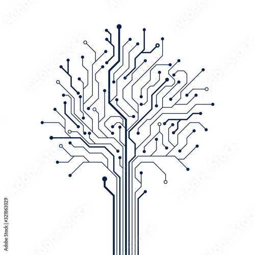 Circuit tree on white background. Technology design element. Computer engineering hardware system. Vector