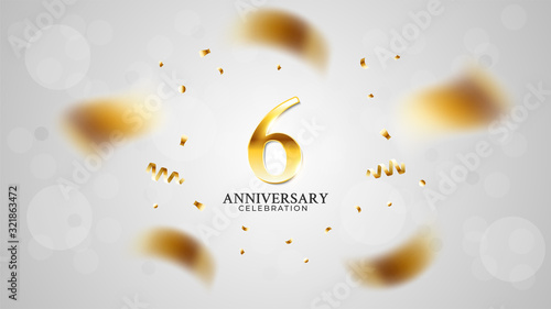 6th anniversary celebration with gold color and white background bokeh effects and sparkling confetti. modern elegant design can be used for a wedding or company. editable vector EPS 10