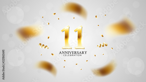 11th anniversary celebration with gold color and white background bokeh effects and sparkling confetti. modern elegant design can be used for a wedding or company. editable vector EPS 10