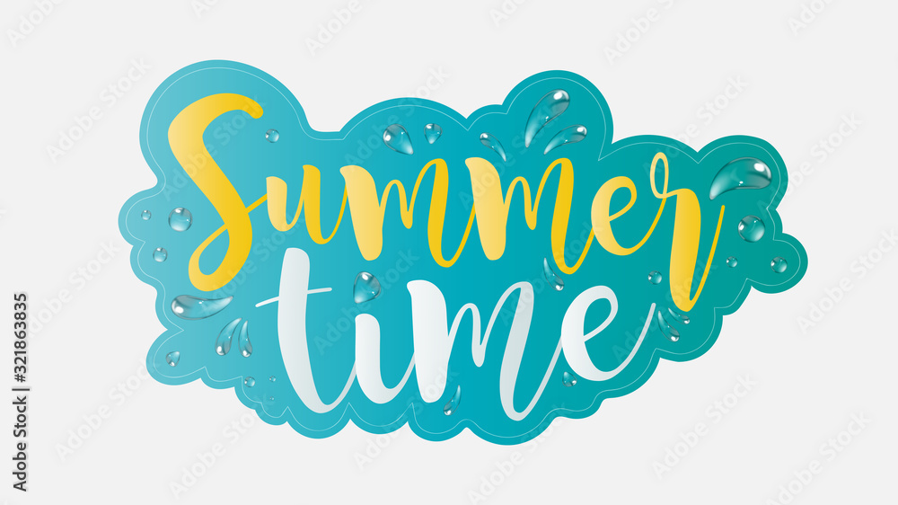 Summer time handwritten font. Realistic splashes of water. Beautiful lettering for banners and posters on the summer theme. Vector illustration.