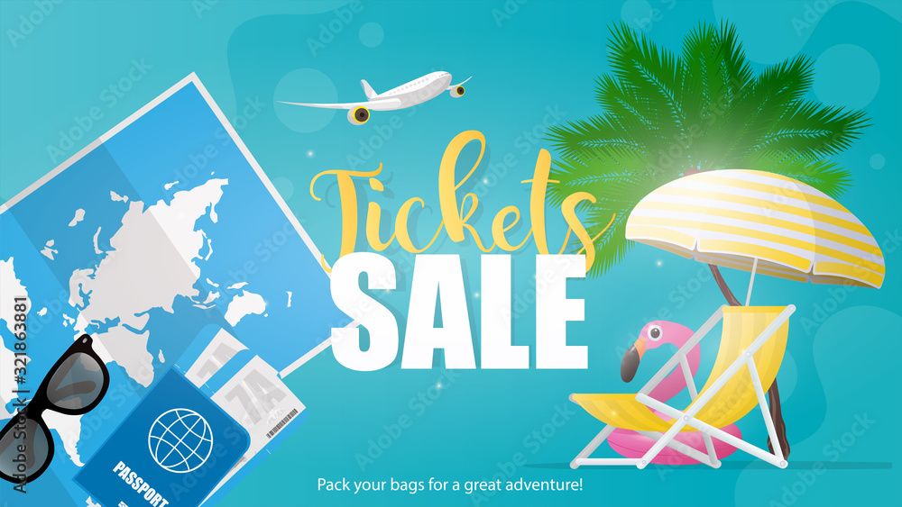 Ticket sale poster. Deck chair and sun umbrella with yellow stripes, palm trees and pink flamingos swimming circle, world map, sun glasses, passport, airline tickets, airplane.