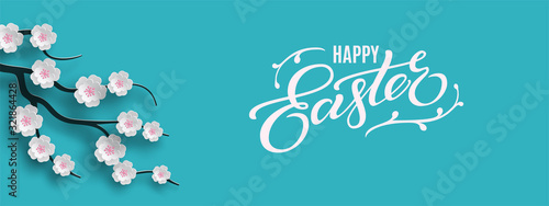 Happy Easter banner. Holiday concept design for greeting card, banner, poster, flyer, web. Happy Easter calligraphy lettering text, floral blue background. Paper cut out art style, vector illustration
