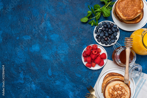 Pancakes with Fresh Fruits Border Background. Shrove Tuesday Background