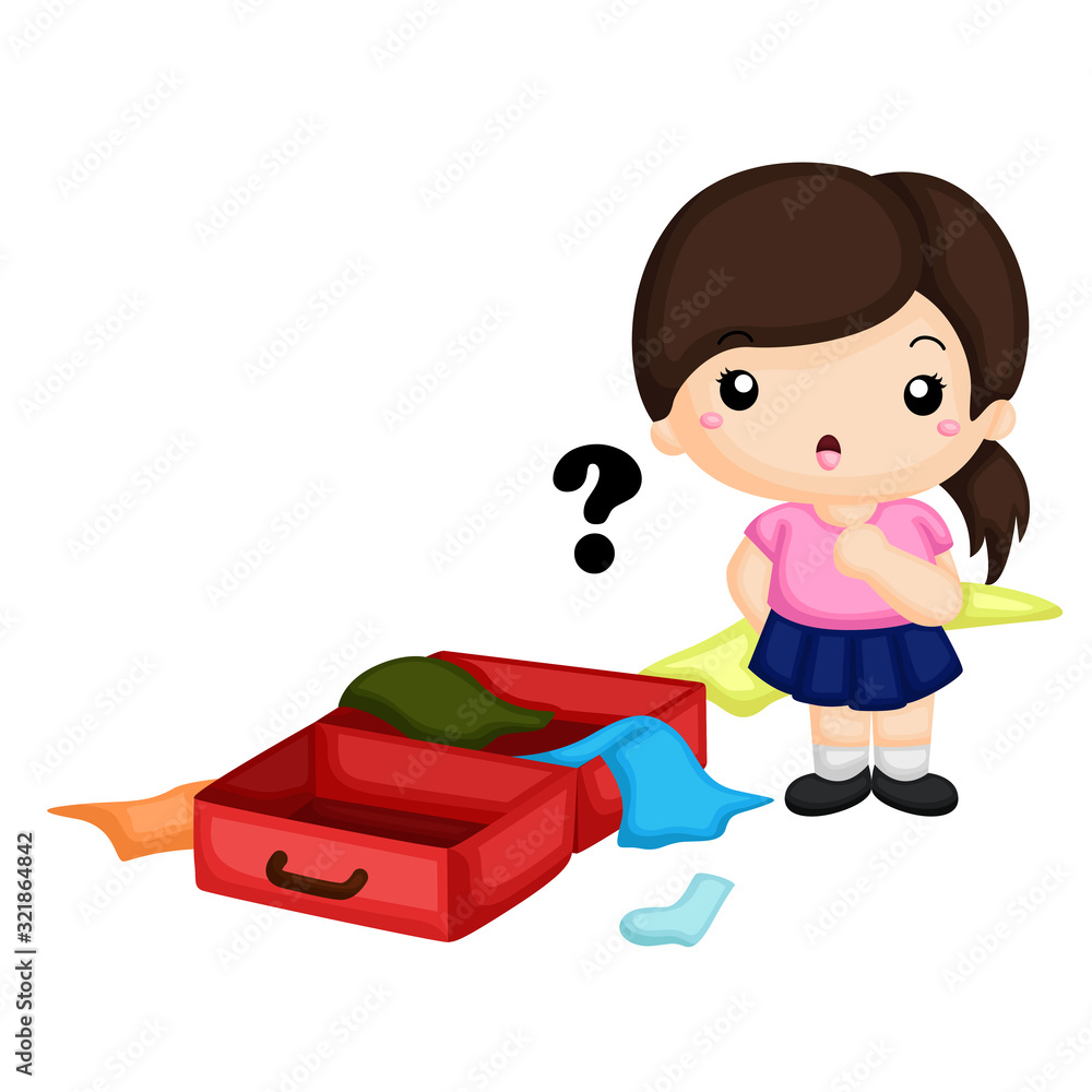 confused girl want to arrange all the clothes to the suitcase